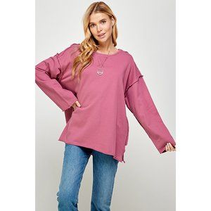 Women's Heavy French Terry Long Sleeve Top With Open And Raw Edge Hem (PLUM)